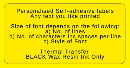 Yellow self-adhesive label with black text detailing personalized printing options.