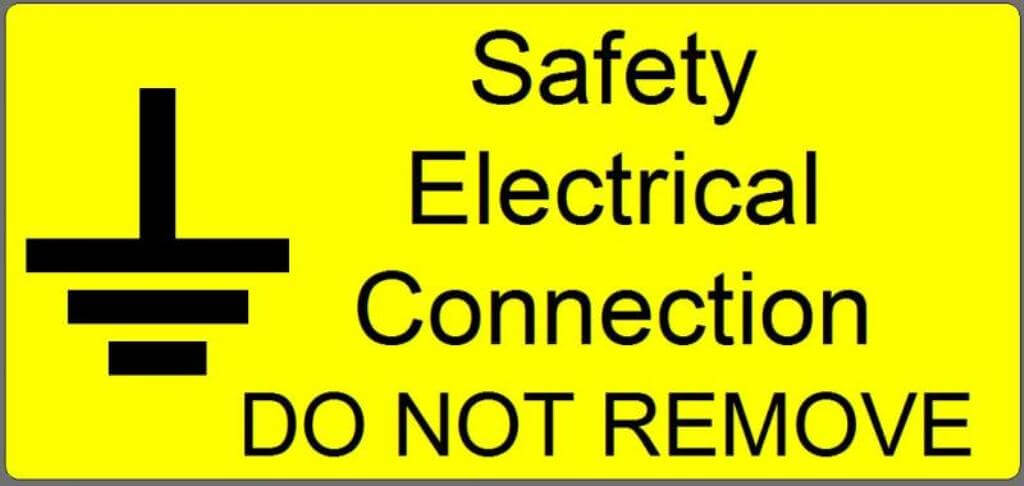 Electrical safety connection labels on bright yellow background with warning message.