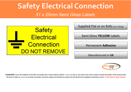 Electrical Safety Connection Labels 50 x 25mm in yellow with black text warning users not to remove protective covers.
