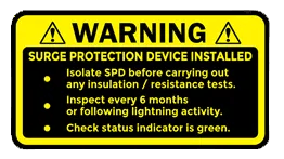 Surge Protection Device labels with warning and installation instructions on bright yellow background for visibility.