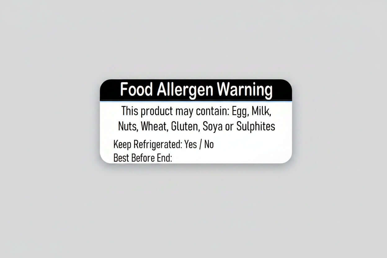 Food allergen warning labels 50 x 25mm with Date and BBE field