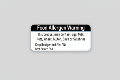Food allergen warning labels 50 x 25mm with Date and BBE field