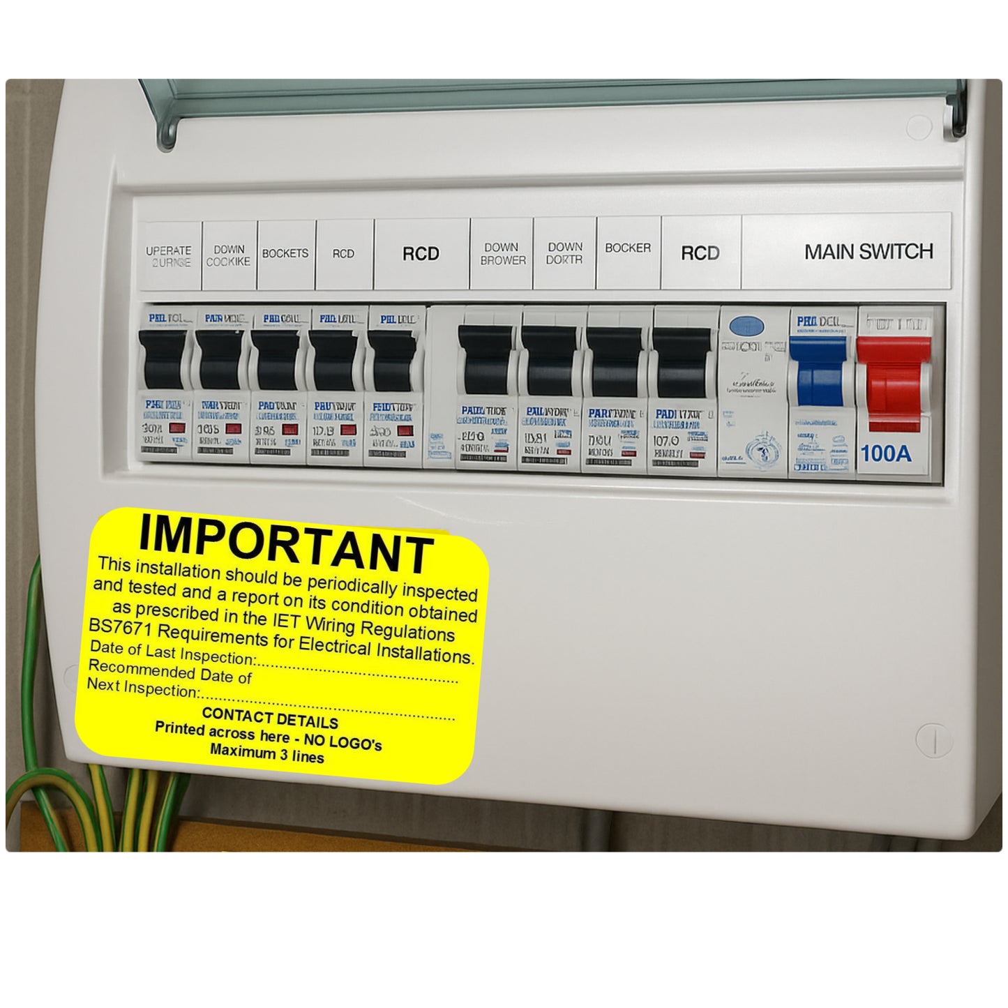 Electrical consumer unit with circuit breakers and a yellow "Important" inspection label.
