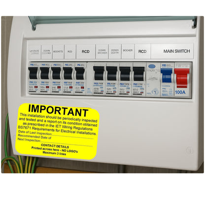 Electrical consumer unit with circuit breakers and a yellow "Important" inspection label.