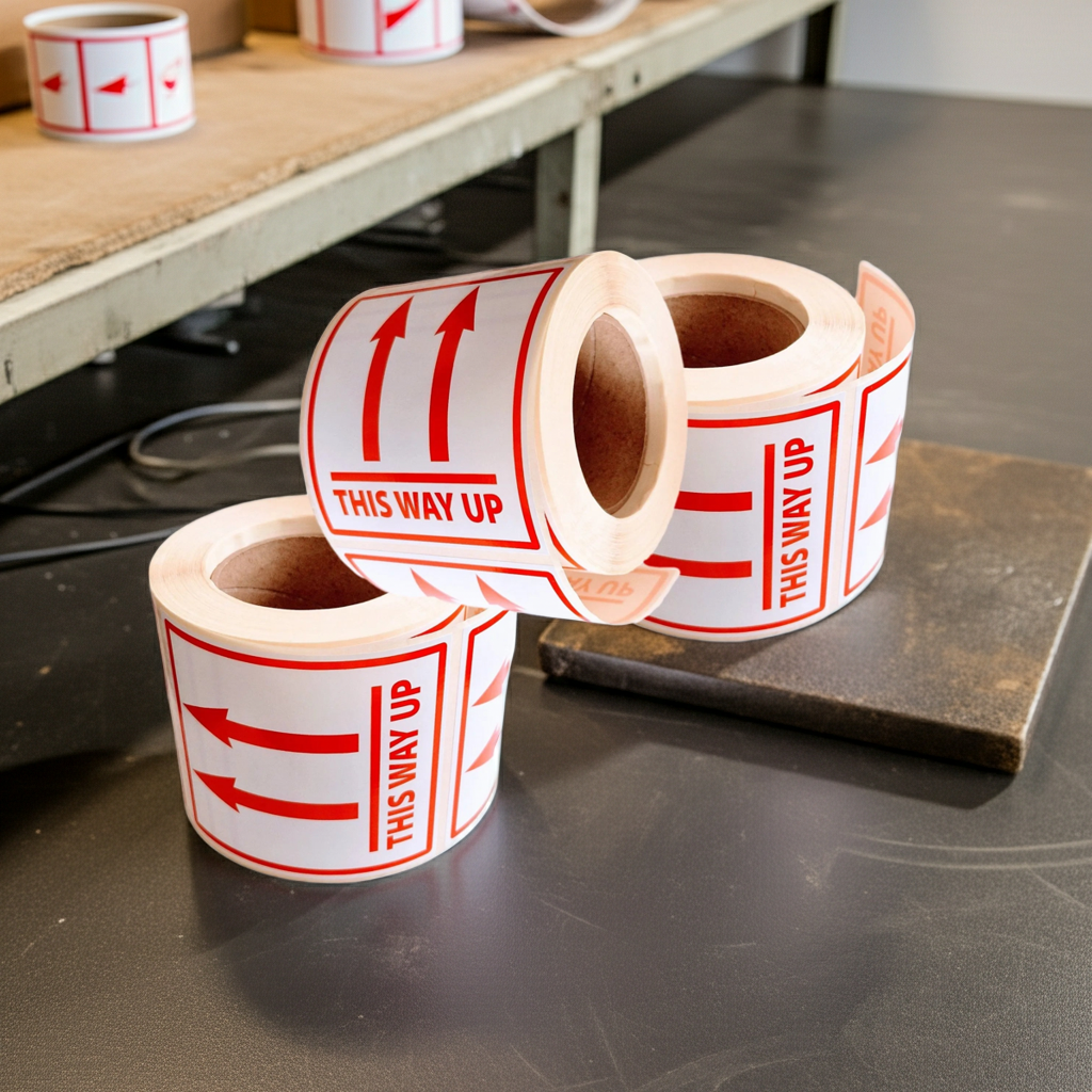 Two rolls of 'This Way Up' labels on a metal surface with a shelf in the background.