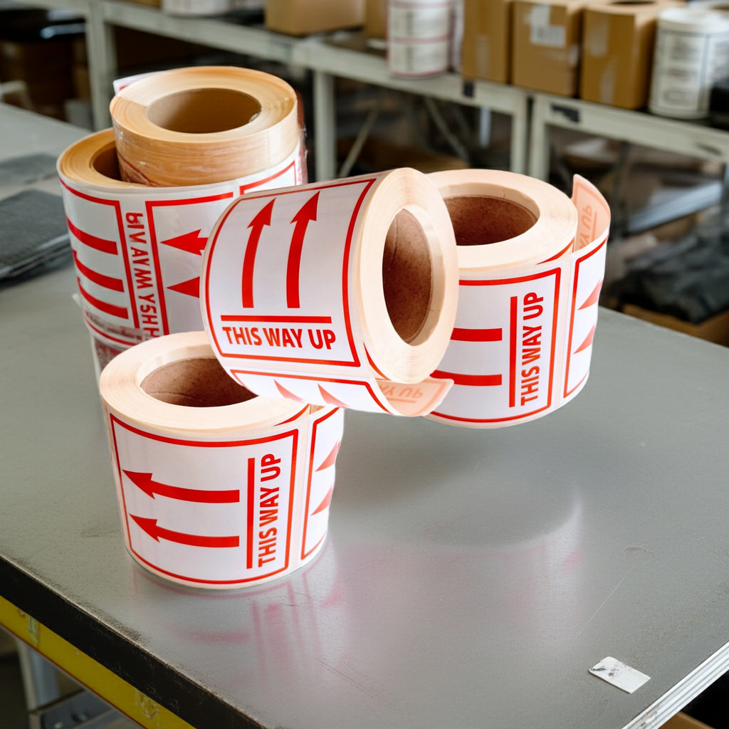 Three rolls of 'This Way Up' labels on a metal surface with warehouse background