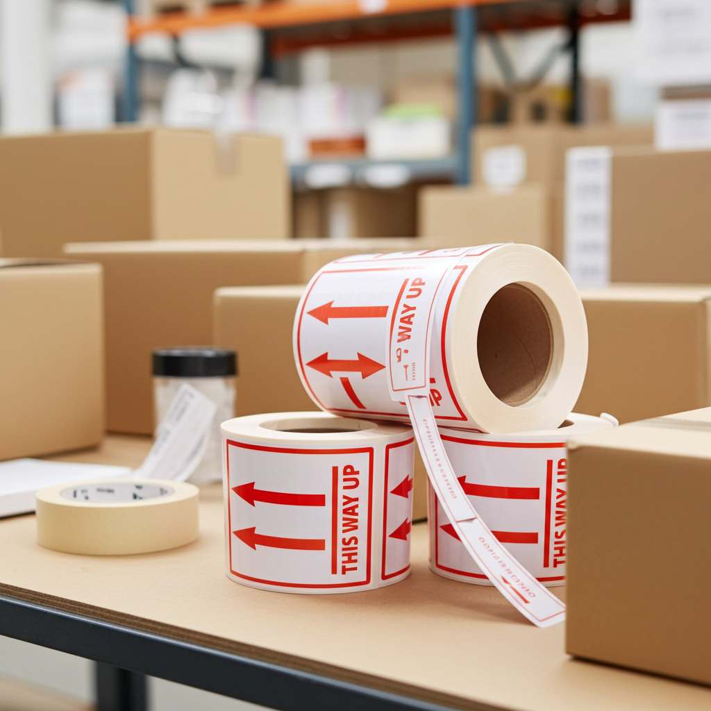 Rolls of 'This Way Up' labels on a table with cardboard boxes in the background