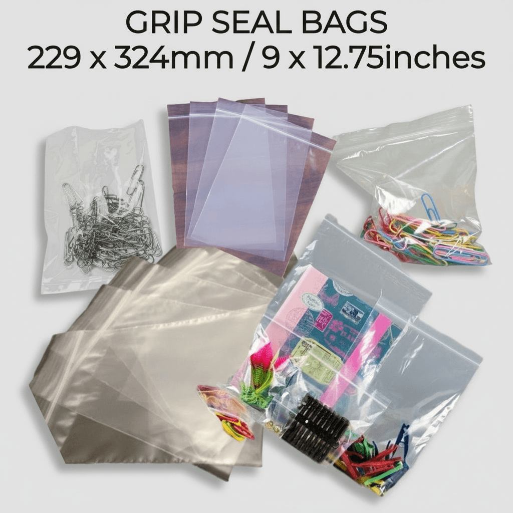 Grip seal bags displayed with text indicating size and dimensions on a light gray background.