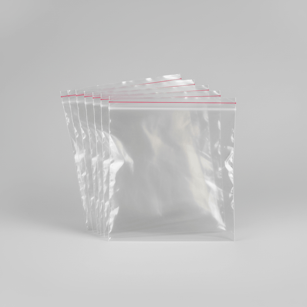 Set of clear resealable grip seal poly bags made from transparent plastic for storage and packaging.