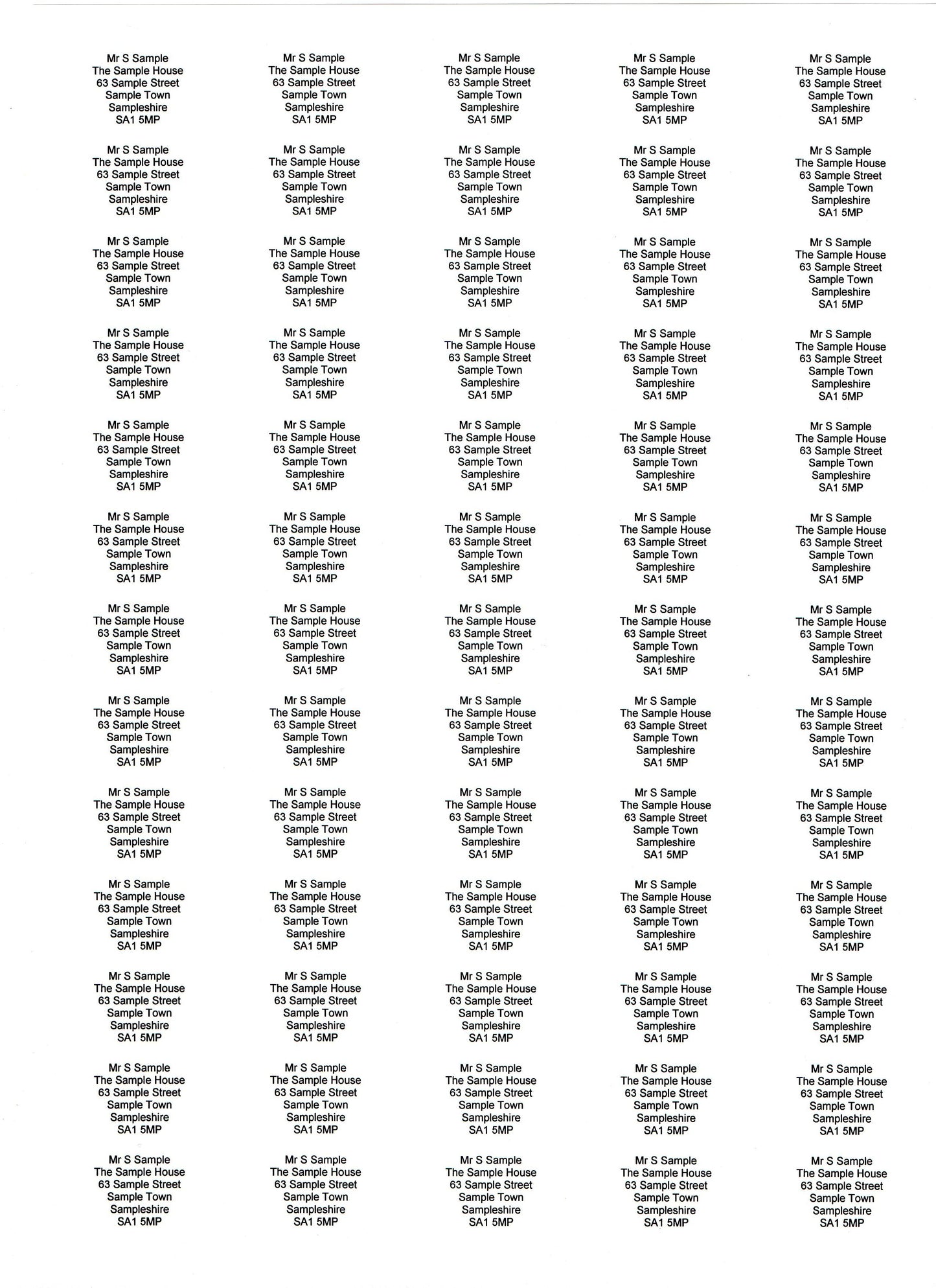 Sheet of white return address labels with black text in five columns.