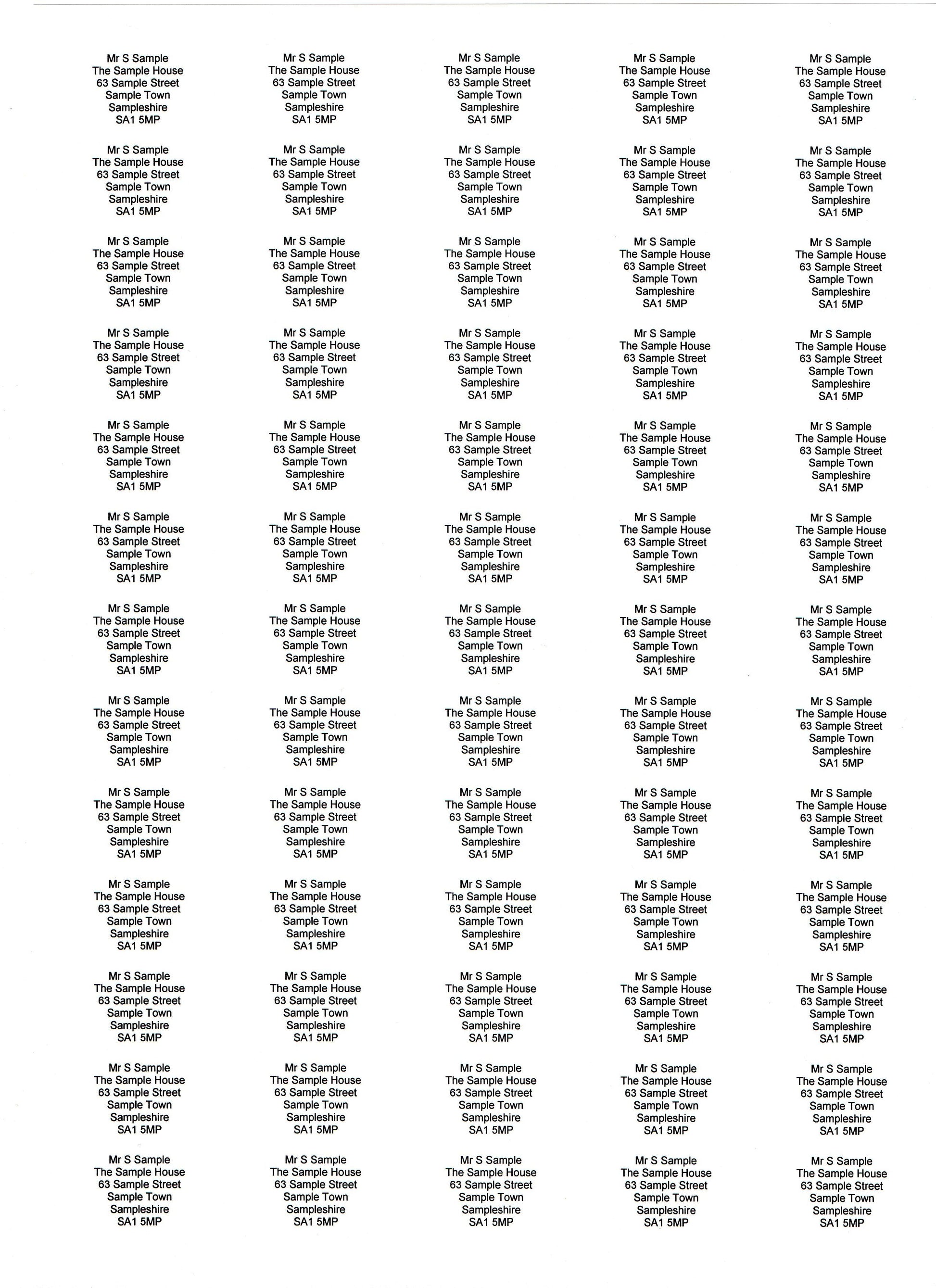 Sheet of white return address labels with black text in five columns.