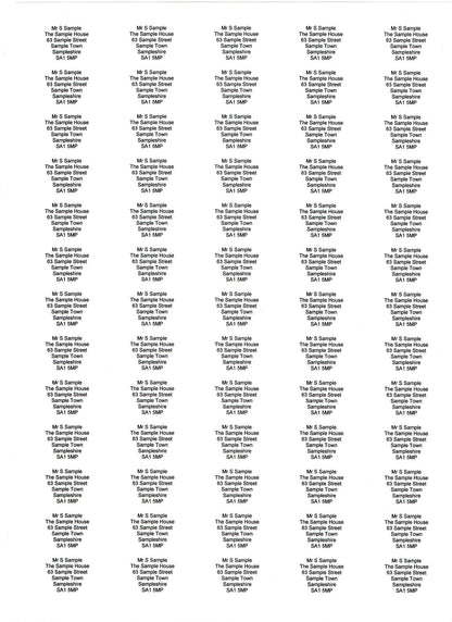 Sheet of white return address labels with black text in five columns.
