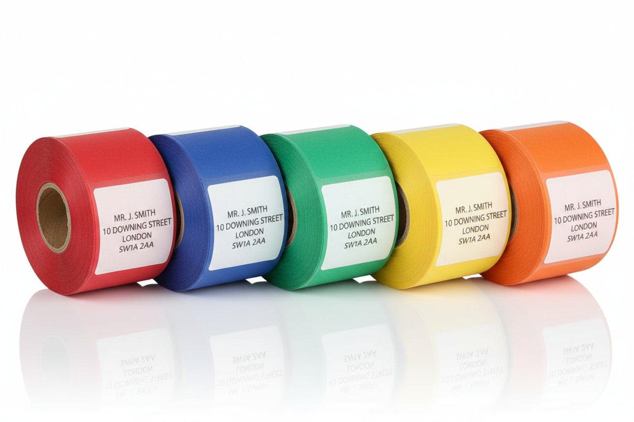 Five rolls of colorful label tape in red, blue, green, yellow, and orange with address labels.