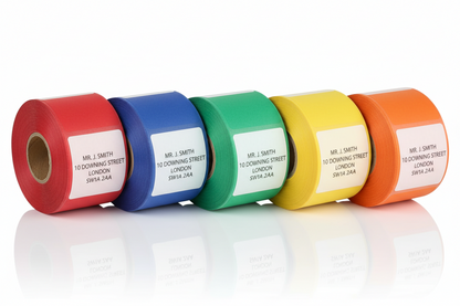 Five rolls of colorful label tape in red, blue, green, yellow, and orange with address labels.