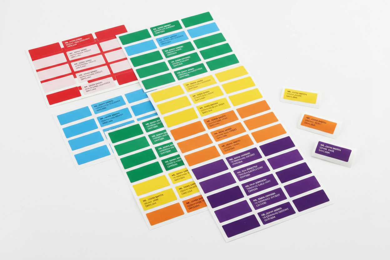 Sheets of small, rectangular adhesive labels in various bright colors on a white background.