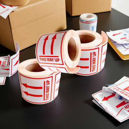 Rolls of THIS WAY UP LABELS 110 X 120 mm on a dark surface with cardboard boxes in the background.