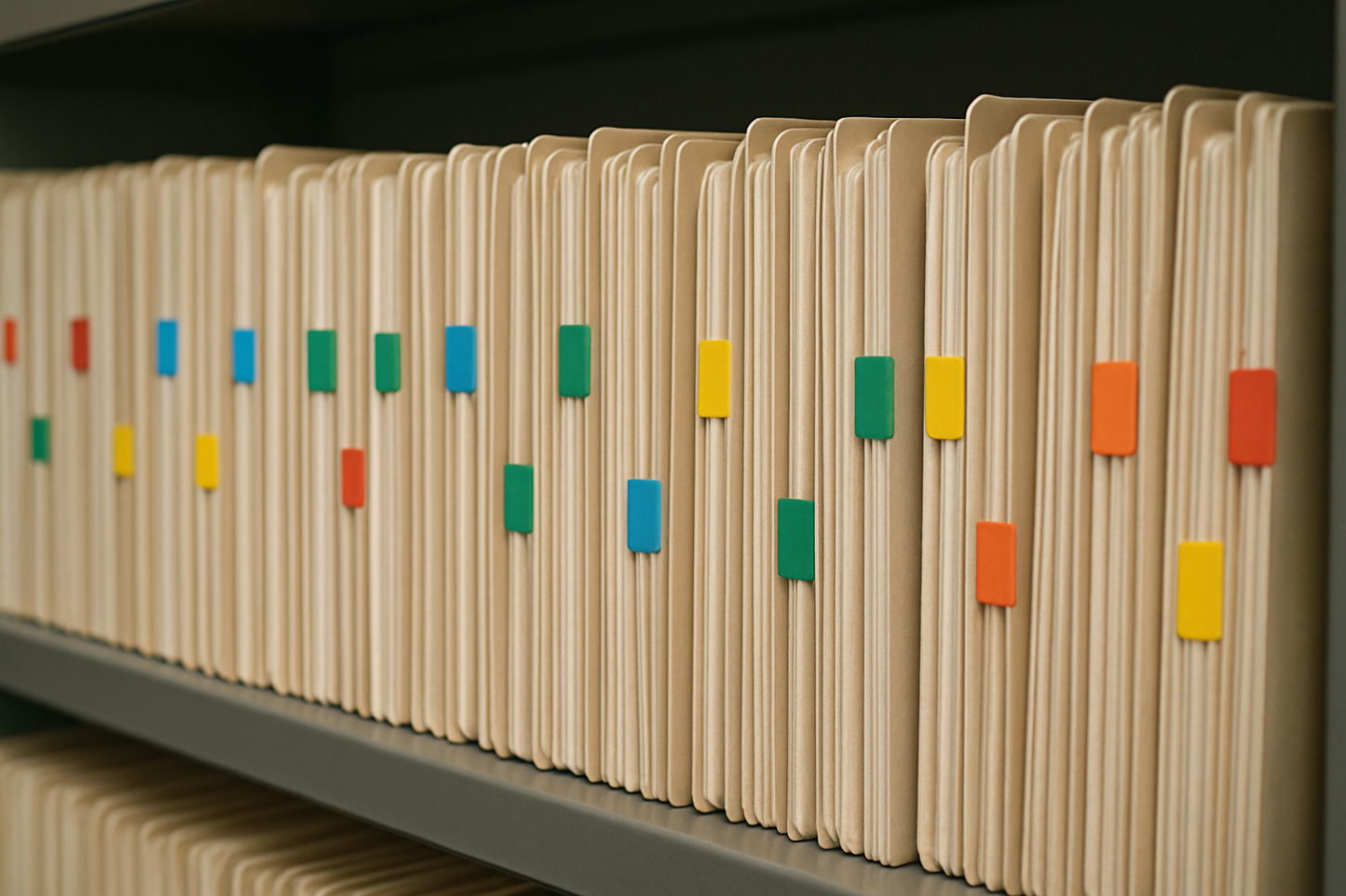 Small coloured labels on some files on a shelf